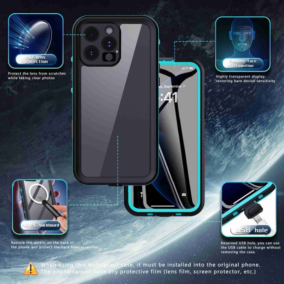 For iPhone 16 Pro RedPepper Transparent Dot IP68 Water-resistant Triple-proof Phone Case(Black Blue)