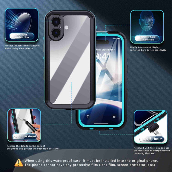 For iPhone 16 Plus RedPepper Transparent Dot IP68 Water-resistant Triple-proof Phone Case(Black Blue)