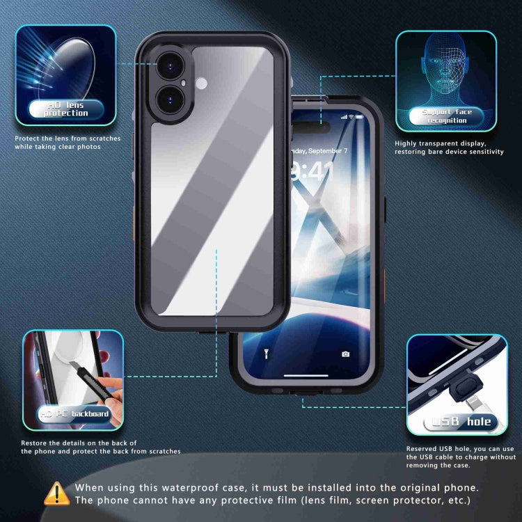 For iPhone 16 RedPepper Transparent Dot IP68 Water-resistant Triple-proof Phone Case(Black Dark Grey)