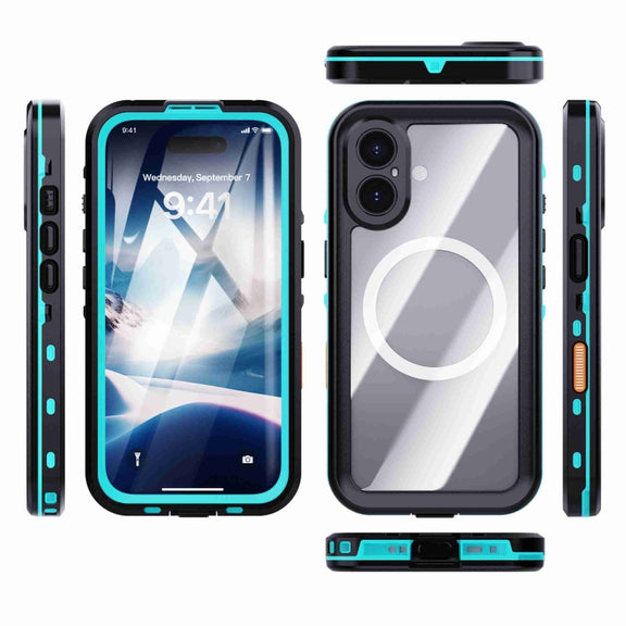 For iPhone 16 RedPepper Transparent Dot IP68 Water-resistant Triple-proof MagSafe Phone Case(Black Blue)
