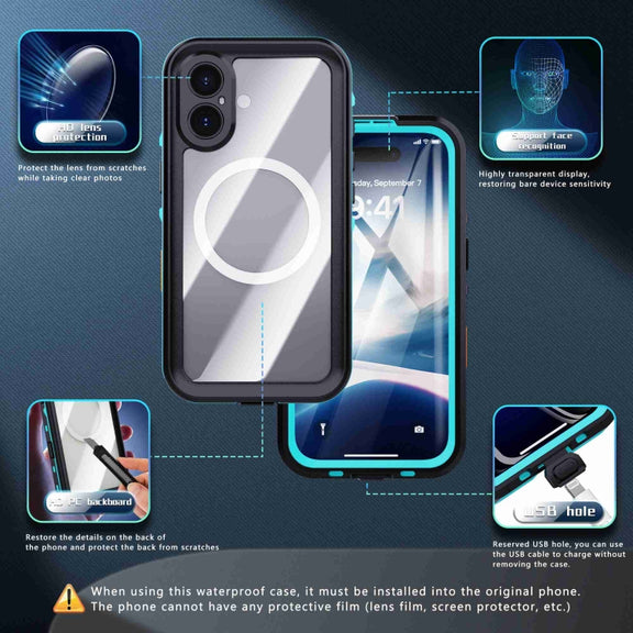 For iPhone 16 RedPepper Transparent Dot IP68 Water-resistant Triple-proof MagSafe Phone Case(Black Blue)