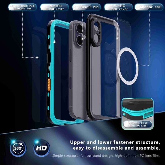 For iPhone 16 RedPepper Transparent Dot IP68 Water-resistant Triple-proof MagSafe Phone Case(Black Blue)