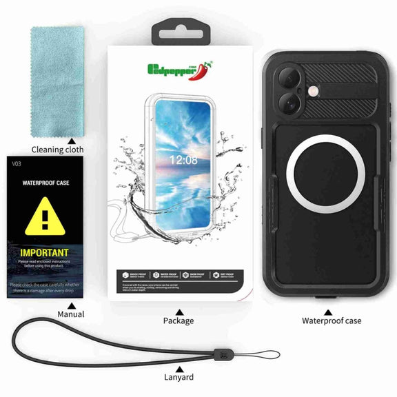 For iPhone 16 RedPepper IP68 Water-resistant Triple-proof MagSafe Phone Case(Black)