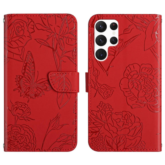 For Samsung Galaxy S25 Ultra 5G Skin Feel Butterfly Embossed Flip Leather Phone Case(Red)