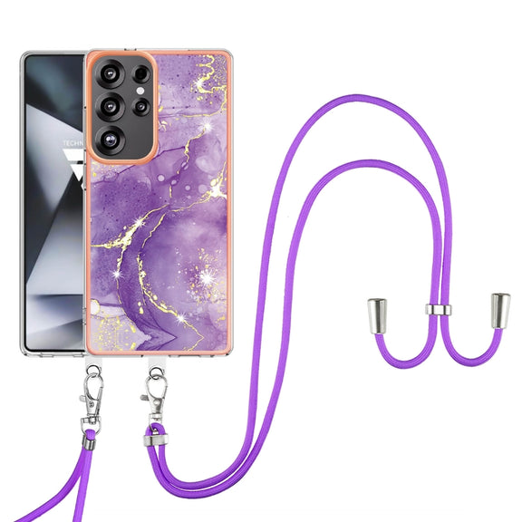 For Samsung Galaxy S25 Ultra 5G Electroplating Marble Dual-side IMD Phone Case with Lanyard(Purple 002)