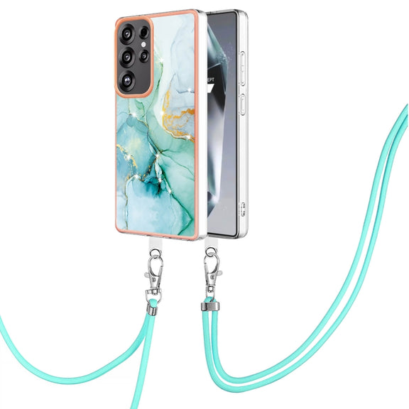 For Samsung Galaxy S25 Ultra 5G Electroplating Marble Dual-side IMD Phone Case with Lanyard(Green 003)