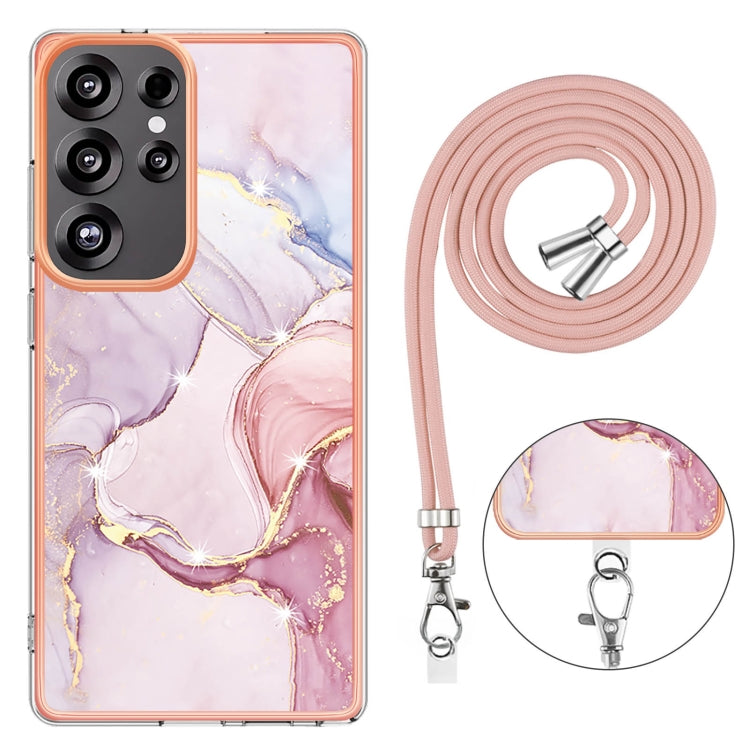 For Samsung Galaxy S25 Ultra 5G Electroplating Marble Dual-side IMD Phone Case with Lanyard(Rose Gold 005) - Galaxy S25 Ultra 5G Cases by PMC TechLife | Online Shopping South Africa | PMC TechLife | Buy Now Pay Later Mobicred