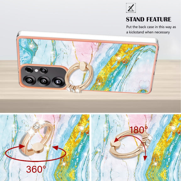 For Samsung Galaxy S25 Ultra 5G Electroplating Marble IMD TPU Phone Case with Ring Holder(Green 004)