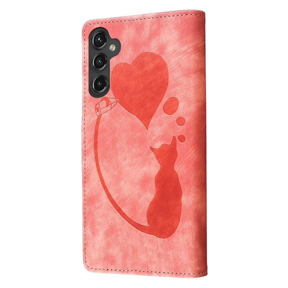 For Samsung Galaxy S25 5G Pen Heart Cat Embossed Leather Phone Case(Orange)