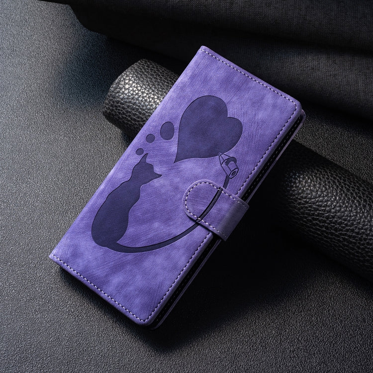 For Samsung Galaxy S25 5G Pen Heart Cat Embossed Leather Phone Case(Purple) - Galaxy S25 5G Cases by PMC TechLife | Online Shopping South Africa | PMC TechLife | Buy Now Pay Later Mobicred