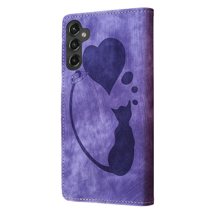 For Samsung Galaxy S25 5G Pen Heart Cat Embossed Leather Phone Case(Purple) - Galaxy S25 5G Cases by PMC TechLife | Online Shopping South Africa | PMC TechLife | Buy Now Pay Later Mobicred
