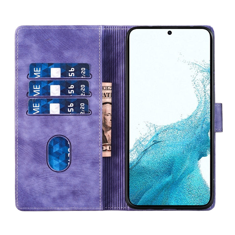 For Samsung Galaxy S25 5G Pen Heart Cat Embossed Leather Phone Case(Purple)