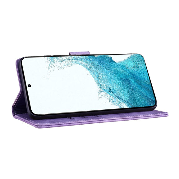 For Samsung Galaxy S25 5G Pen Heart Cat Embossed Leather Phone Case(Purple)
