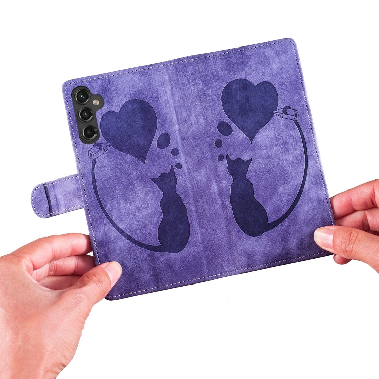 For Samsung Galaxy S25 5G Pen Heart Cat Embossed Leather Phone Case(Purple) - Galaxy S25 5G Cases by PMC TechLife | Online Shopping South Africa | PMC TechLife | Buy Now Pay Later Mobicred