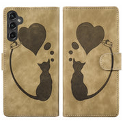 For Samsung Galaxy S25 5G Pen Heart Cat Embossed Leather Phone Case(Apricot)