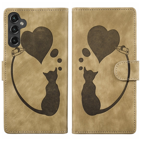 For Samsung Galaxy S25 5G Pen Heart Cat Embossed Leather Phone Case(Apricot)