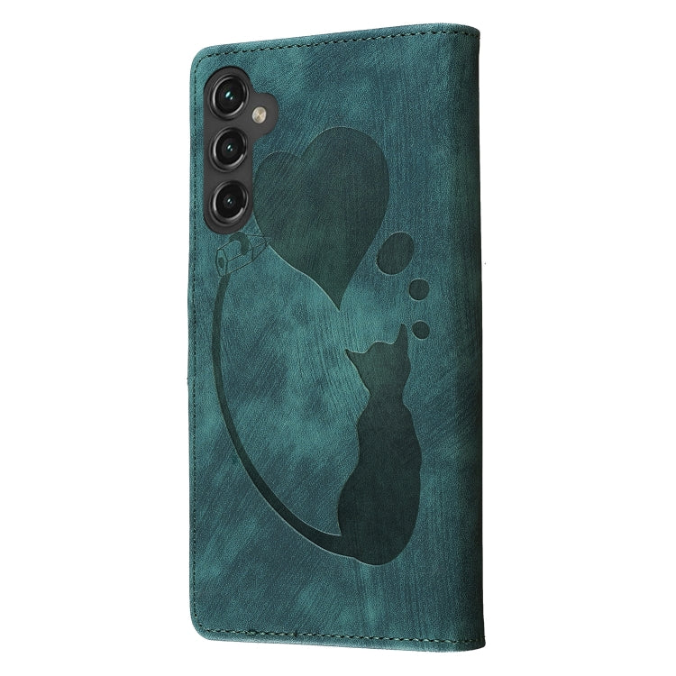 For Samsung Galaxy S25 5G Pen Heart Cat Embossed Leather Phone Case(Green) - Galaxy S25 5G Cases by PMC TechLife | Online Shopping South Africa | PMC TechLife | Buy Now Pay Later Mobicred