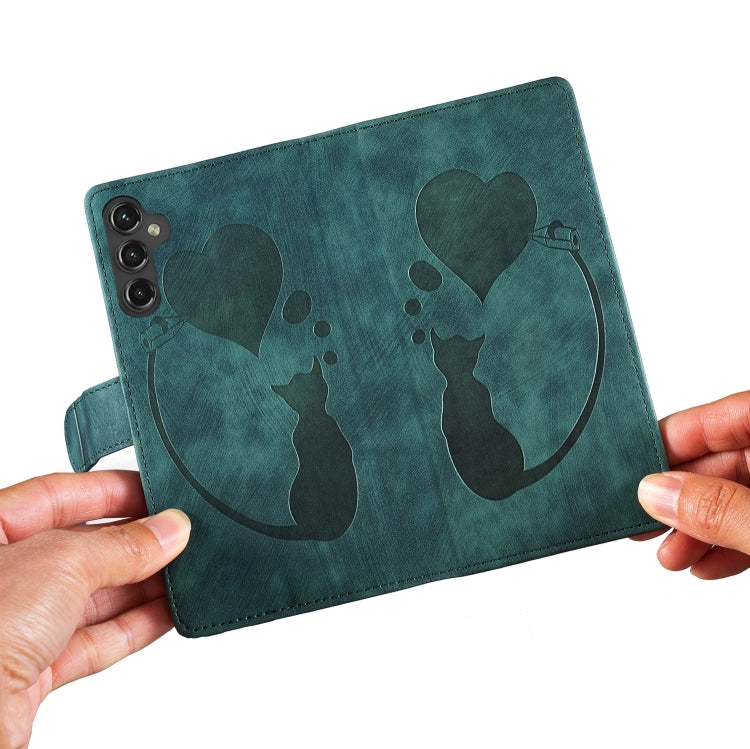 For Samsung Galaxy S25 5G Pen Heart Cat Embossed Leather Phone Case(Green) - Galaxy S25 5G Cases by PMC TechLife | Online Shopping South Africa | PMC TechLife | Buy Now Pay Later Mobicred