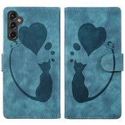 For Samsung Galaxy S25 5G Pen Heart Cat Embossed Leather Phone Case(Blue)