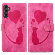 For Samsung Galaxy S25 5G Pen Heart Cat Embossed Leather Phone Case(Pink)