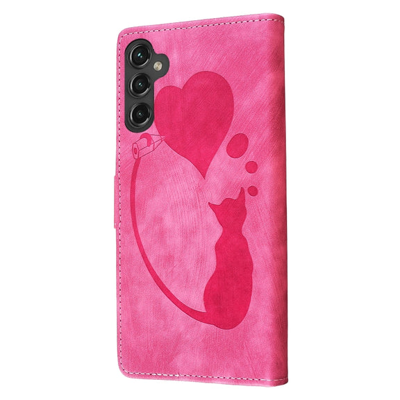 For Samsung Galaxy S25 5G Pen Heart Cat Embossed Leather Phone Case(Pink)
