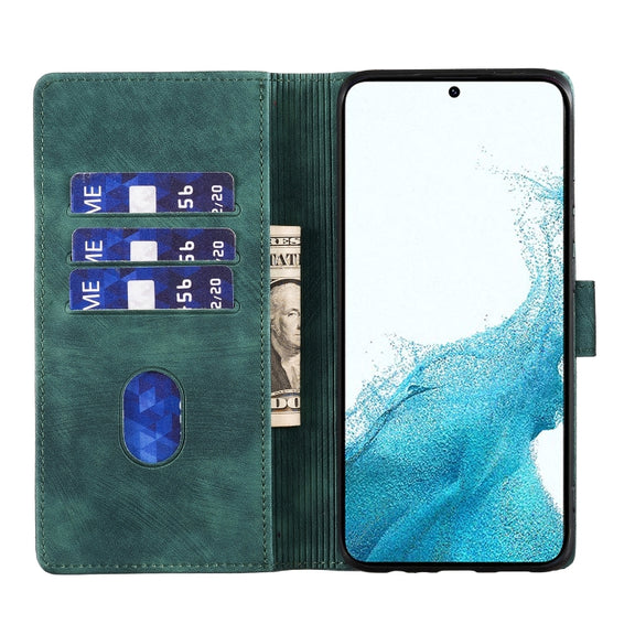For Samsung Galaxy S25+ 5G Pen Heart Cat Embossed Leather Phone Case(Green)