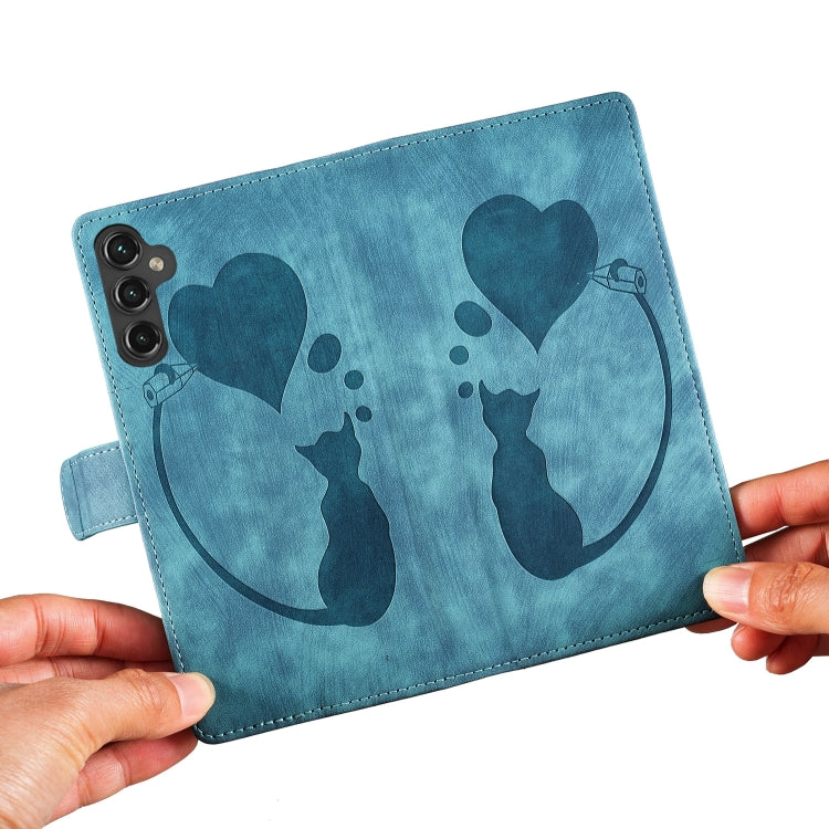For Samsung Galaxy S25+ 5G Pen Heart Cat Embossed Leather Phone Case(Blue) - Galaxy S25+ 5G Cases by PMC TechLife | Online Shopping South Africa | PMC TechLife | Buy Now Pay Later Mobicred