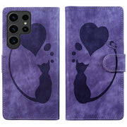 For Samsung Galaxy S25 Ultra 5G Pen Heart Cat Embossed Leather Phone Case(Purple)