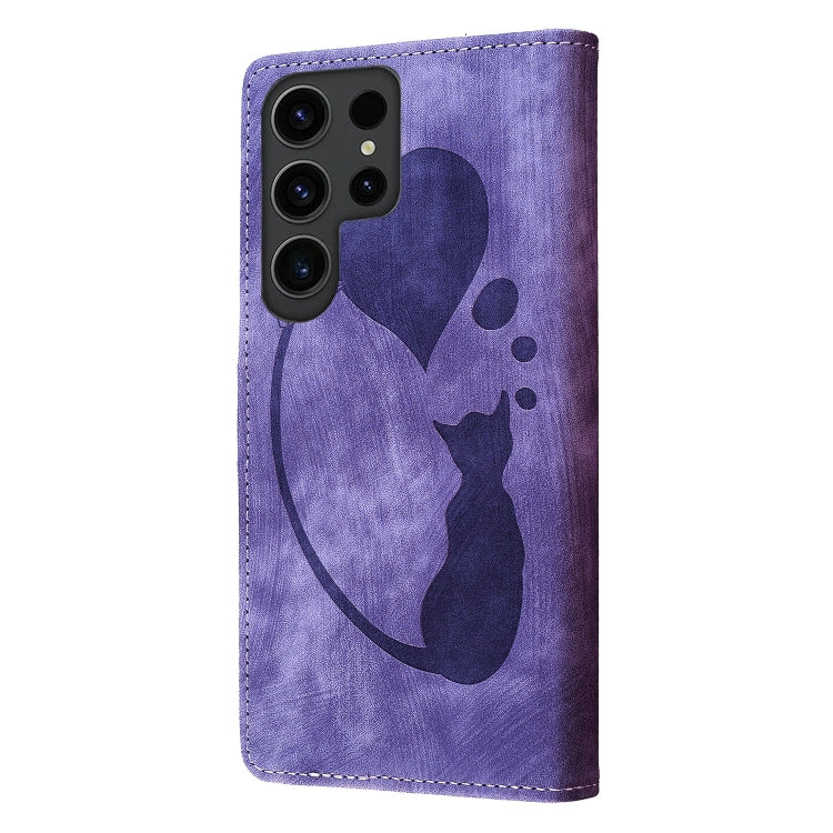 For Samsung Galaxy S25 Ultra 5G Pen Heart Cat Embossed Leather Phone Case(Purple)