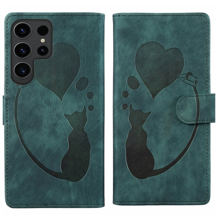 For Samsung Galaxy S25 Ultra 5G Pen Heart Cat Embossed Leather Phone Case(Green) - Galaxy S25 Ultra 5G Cases by PMC TechLife | Online Shopping South Africa | PMC TechLife | Buy Now Pay Later Mobicred