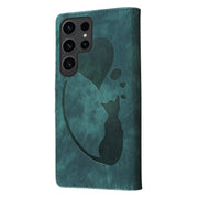 For Samsung Galaxy S25 Ultra 5G Pen Heart Cat Embossed Leather Phone Case(Green)
