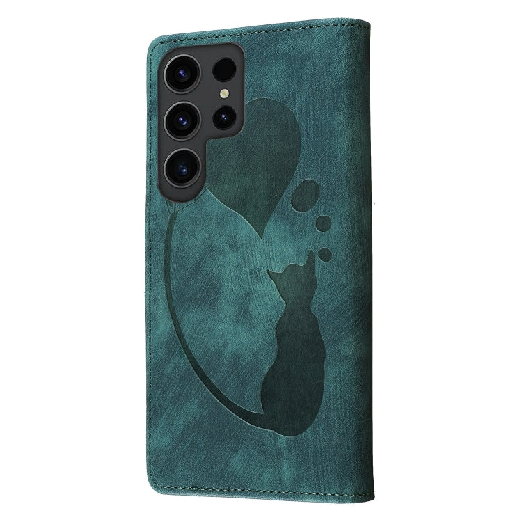 For Samsung Galaxy S25 Ultra 5G Pen Heart Cat Embossed Leather Phone Case(Green)