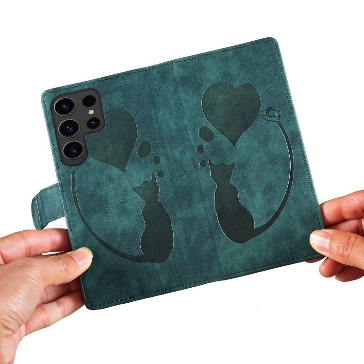 For Samsung Galaxy S25 Ultra 5G Pen Heart Cat Embossed Leather Phone Case(Green)