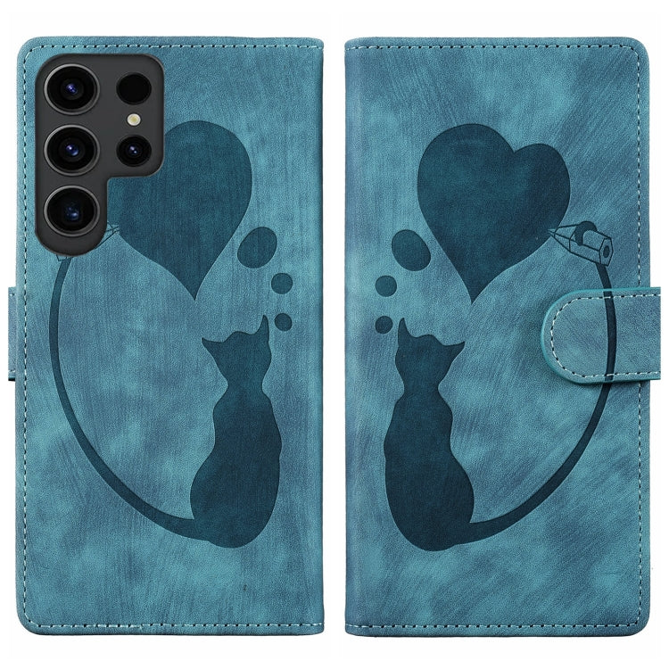 For Samsung Galaxy S25 Ultra 5G Pen Heart Cat Embossed Leather Phone Case(Blue) - Galaxy S25 Ultra 5G Cases by PMC TechLife | Online Shopping South Africa | PMC TechLife | Buy Now Pay Later Mobicred