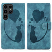 For Samsung Galaxy S25 Ultra 5G Pen Heart Cat Embossed Leather Phone Case(Blue)