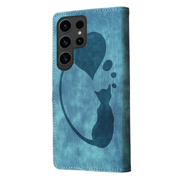 For Samsung Galaxy S25 Ultra 5G Pen Heart Cat Embossed Leather Phone Case(Blue)