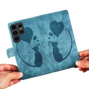 For Samsung Galaxy S25 Ultra 5G Pen Heart Cat Embossed Leather Phone Case(Blue)