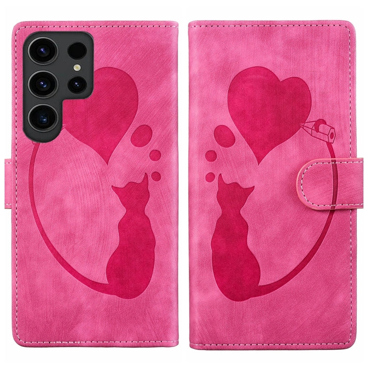 For Samsung Galaxy S25 Ultra 5G Pen Heart Cat Embossed Leather Phone Case(Pink) - Galaxy S25 Ultra 5G Cases by PMC TechLife | Online Shopping South Africa | PMC TechLife | Buy Now Pay Later Mobicred