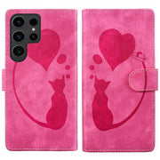 For Samsung Galaxy S25 Ultra 5G Pen Heart Cat Embossed Leather Phone Case(Pink)