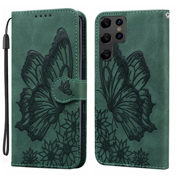 For Samsung Galaxy S25 Ultra 5G Retro Skin Feel Butterflies Embossing Horizontal Flip Leather Phone Case(Green)