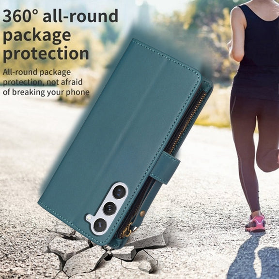 For Samsung Galaxy S25 5G 9 Card Slots Zipper Wallet Leather Flip Phone Case(Green)