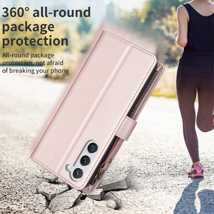 For Samsung Galaxy S25 5G 9 Card Slots Zipper Wallet Leather Flip Phone Case(Rose Gold) - Galaxy S25 5G Cases by PMC TechLife | Online Shopping South Africa | PMC TechLife | Buy Now Pay Later Mobicred