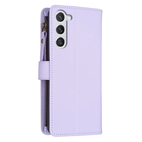 For Samsung Galaxy S25 5G 9 Card Slots Zipper Wallet Leather Flip Phone Case(Light Purple)