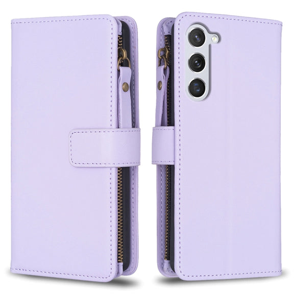For Samsung Galaxy S25 5G 9 Card Slots Zipper Wallet Leather Flip Phone Case(Light Purple)
