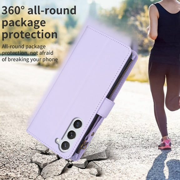 For Samsung Galaxy S25 5G 9 Card Slots Zipper Wallet Leather Flip Phone Case(Light Purple)