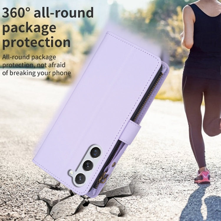 For Samsung Galaxy S25 5G 9 Card Slots Zipper Wallet Leather Flip Phone Case(Light Purple)