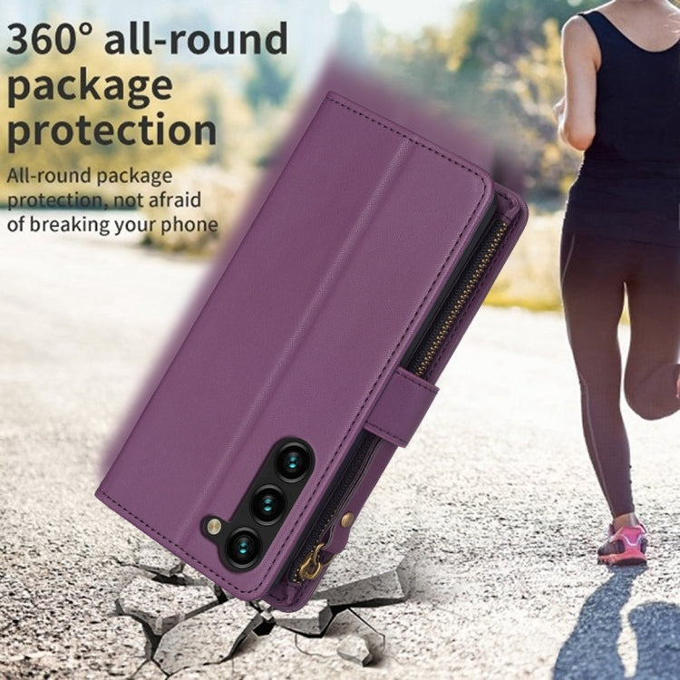 For Samsung Galaxy S25+ 5G 9 Card Slots Zipper Wallet Leather Flip Phone Case(Dark Purple)