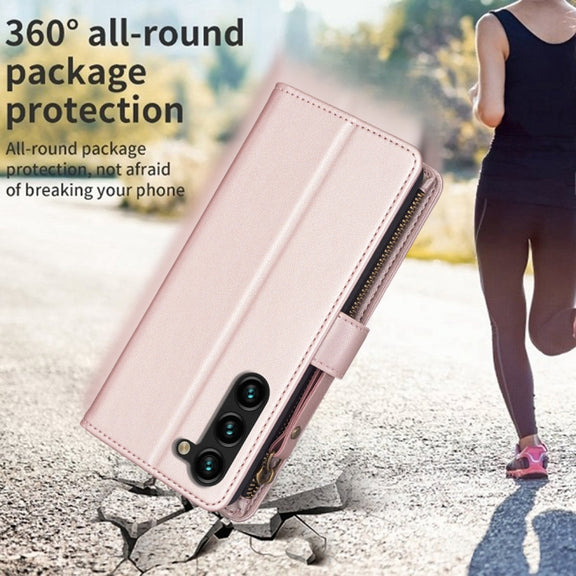 For Samsung Galaxy S25+ 5G 9 Card Slots Zipper Wallet Leather Flip Phone Case(Rose Gold)
