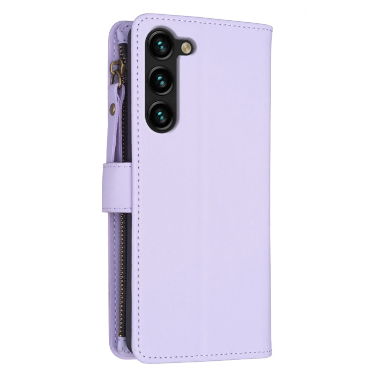 For Samsung Galaxy S25+ 5G 9 Card Slots Zipper Wallet Leather Flip Phone Case(Light Purple)