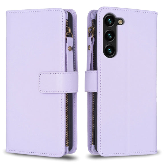 For Samsung Galaxy S25+ 5G 9 Card Slots Zipper Wallet Leather Flip Phone Case(Light Purple)